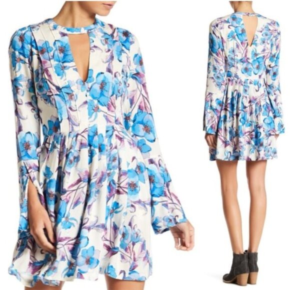 Free People Tegan Blue Floral Long Sleeve Mini Dress - Picture 1 of 4